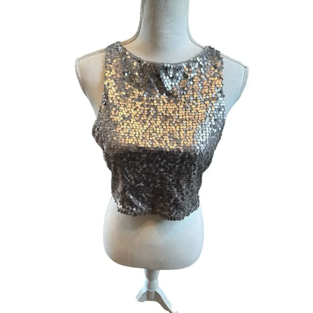 Express Sequin Crop Sparkly Tank Top Grey & Silver Sequin Y2K